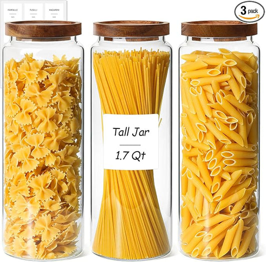 ComSaf Glass Pasta Storage Containers with Acacia Wood Lids 1.7Qt 3Pack | 11.3in Tall jar, for Cooks, Spaghetti Pasta Oats Cereal Beans, Kitchen Pantry Cabinet, Long Canisters with Labels, Durable by ComSaf