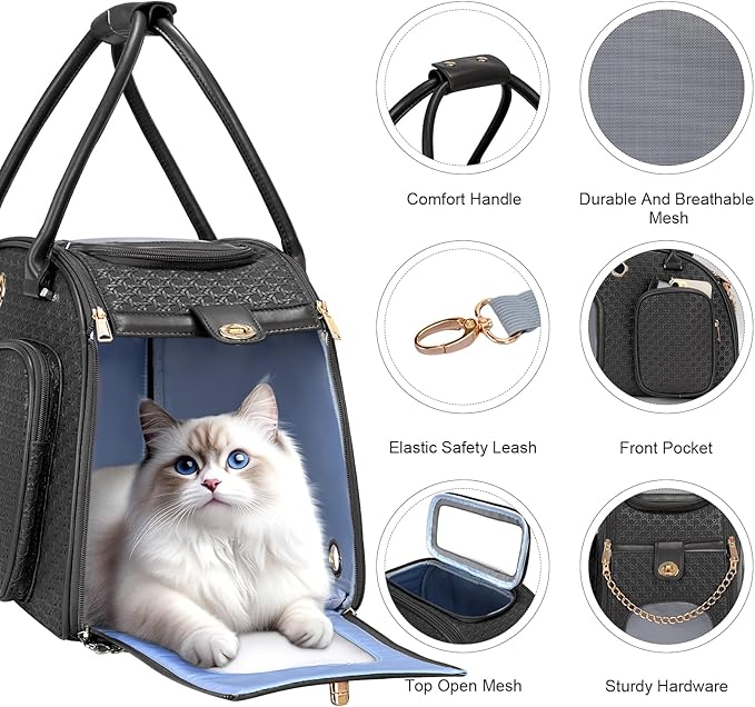 Stylish Luxury Dog Carrier Purse for Small Dogs, Ventilated Pet Soft-Sided Dog Cat Carrier Travel Tote Bag for Puppies Small Animals with Pockets (Black, 16.9inch x 9inch x 11.8inch(LxWxH))