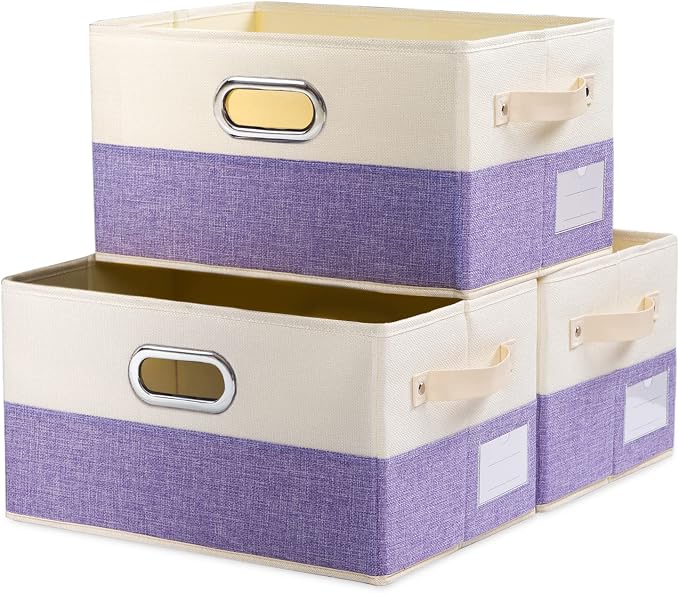 PRANDOM Large Fodable Storage Bins for Closet [3-pack] Decorative Fabric Storage Baskets Cubes with Leather/Metal Handles for Shelves Bedroom Living Room Purple&Cream (14.9x9.8x8.3 Inch) by Prandom