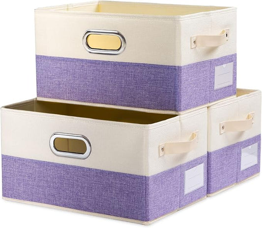 PRANDOM Large Fodable Storage Bins for Closet [3-pack] Decorative Fabric Storage Baskets Cubes with Leather/Metal Handles for Shelves Bedroom Living Room Purple&Cream (14.9x9.8x8.3 Inch) by Prandom