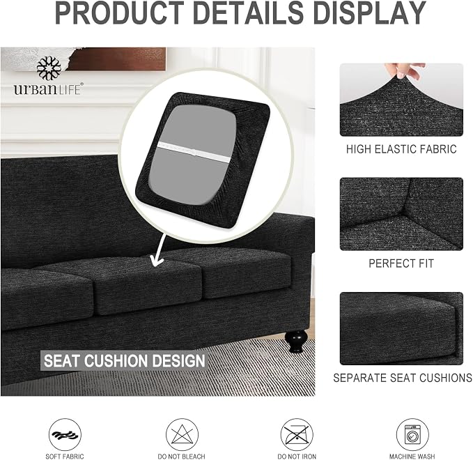 URBANLIFE 4-Piece Stretch Sofa Covers for 3 Cushion Couch, Black | Super fitted spandex slipcovers for couches. Non-slip elastic bottom. Machine washable furniture protector for kids & pets. - Image 6