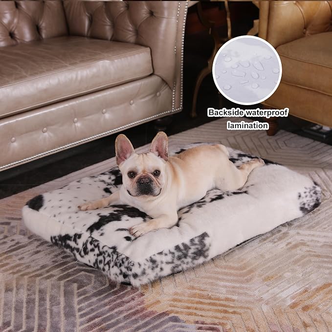 Bedfolks Plush Waterproof Dog Crate Bed - Removable Washable Cover, Faux Fur, 29"x21", Black-White Cowhide - Image 2