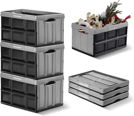 CleverMade Collapsible Storage Bins, 46L, 3 Pack, Stone | Each bin supports 75 lb for groceries, tools, or gear. Interlocking bases stack securely, and the bins fold to 2.75 inches. by CleverMade