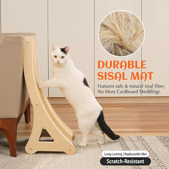 PETKARAY Curved Cat Scratcher, Sisal Kitty Scratching Ramp, L Shape Scratch Pad for Indoor Cats, 25.6" Furniture Protector with Mouse Toy, Chevron Style - Image 3