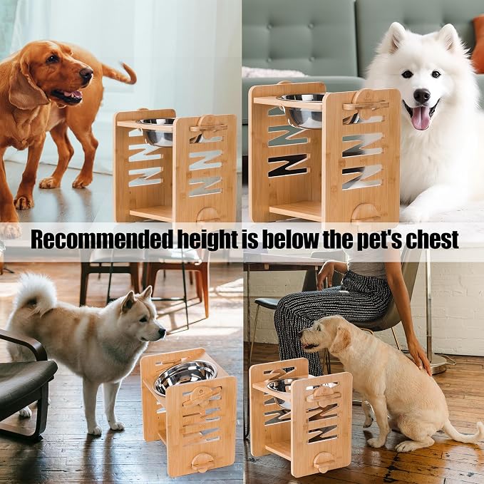Elevated Dog Bowls, 9 Heights Adjustable Raised Dog Bowl 4.7″-11.8″, with Food Grade 304 Stainless Steel 51 OZ, Bamboo Dog Bowl Stand for Medium and Large Dogs, 1 Pack - Image 7