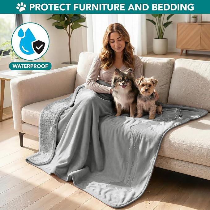 PetAmi Waterproof Dog Blanket for Small Medium Dogs, Pee Proof Pet Blanket for Couch Bed, Reversible Water Proof Blanket for Puppy Indoor Cat, Soft Dog Fleece Blankets Washable, 29x40 Light Gray - Image 2