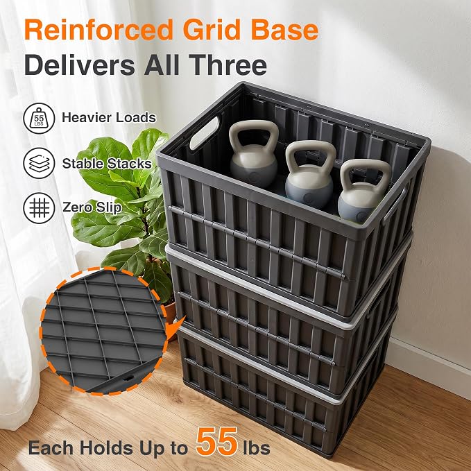 Citylife 64L Collapsible Storage Bins with Lids Plastic Storage Containers for Organizing Stackable Storage Box Large Heavy Duty Utility Crates, 4 Packs - Image 3