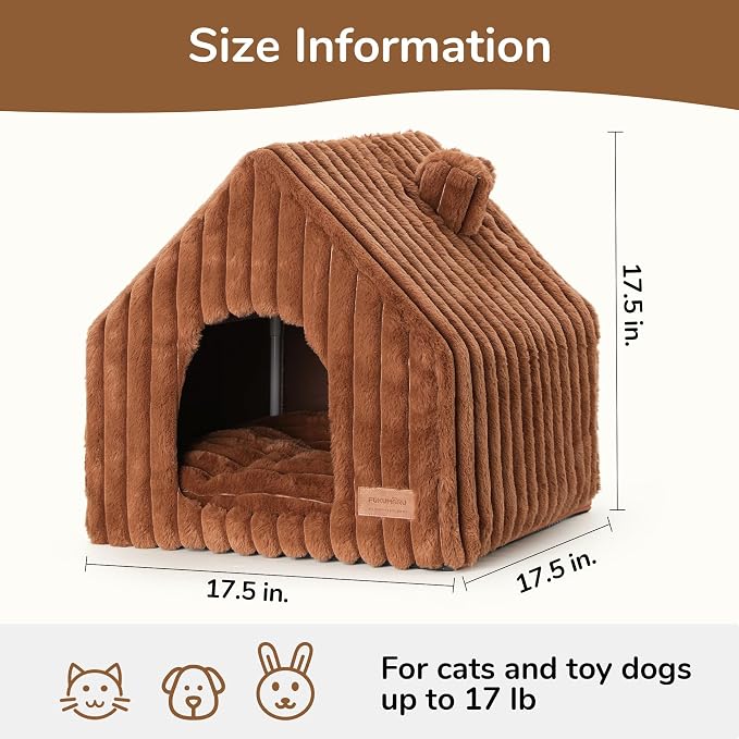 FUKUMARU Cat Bed Cave, Enclosed Washable Covered Dog Bed with Support Frame | Large Cat House for Indoor Cats, Cozy Cat Hideaway for Anxious Cats, Soft Plush Faux Fur Cat Tent Bed, Non-Slip Bottom, Brown - Image 5