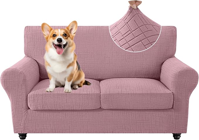 CYCMCAO 3 Piece Stretch Sofa Cover Couch Covers for 2 Cushion Couch, Loveseat Covers Stay in Place, Sofa Covers Washable with Elastic Bottom for Dogs (Pink), 71"-91" (2 Cushion Sofa) by CYCMACOHOME
