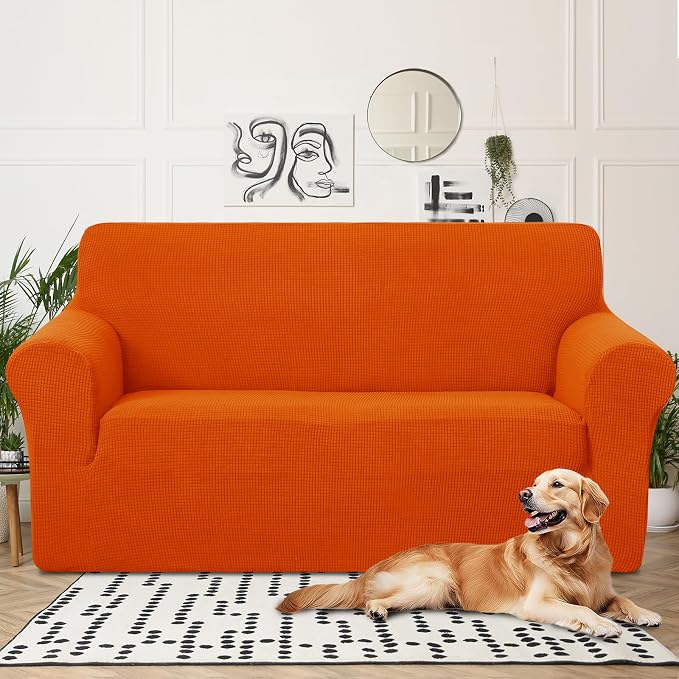 U-NICE HOME Oversized Stretch Loveseat Couch Cover, Orange | 2 Cushion Sofa, 1-Piece Sofa cover, Washable, Pet friendly, Furniture protector, Polyester Spandex Jacquard fabric - Image 2