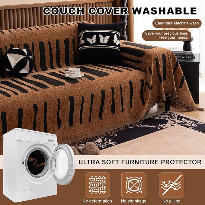 ROOMLIFE Dark Brown Couch Cover 3 Cushion Sofa, Washable Non Slip Furniture Sofa Protector Cover, Soft Chenille Sofa Slipcovers Sectional L Shape Dogs Couch Cover Throw Blanket with Tassels71''X150'' - Image 7