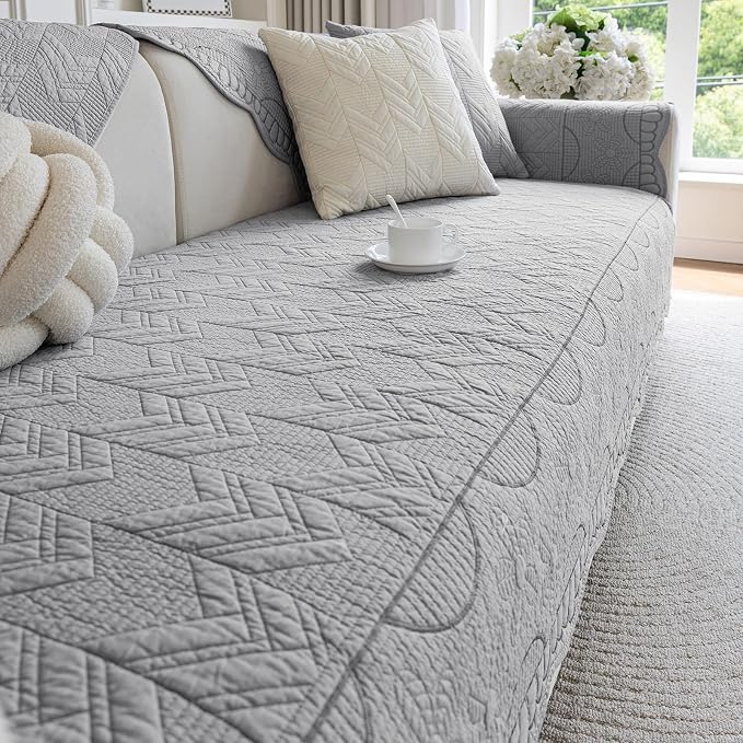 Cotton Quilted Pet Couch Covers for Sofa Farmhouse Rustic Floral Embroidery Sectional Couch Cover Soft Anti-Slip Sofa Slipcover Furniture Protector for Kids, Dogs, Pets (Grey,28"x35") - Image 6