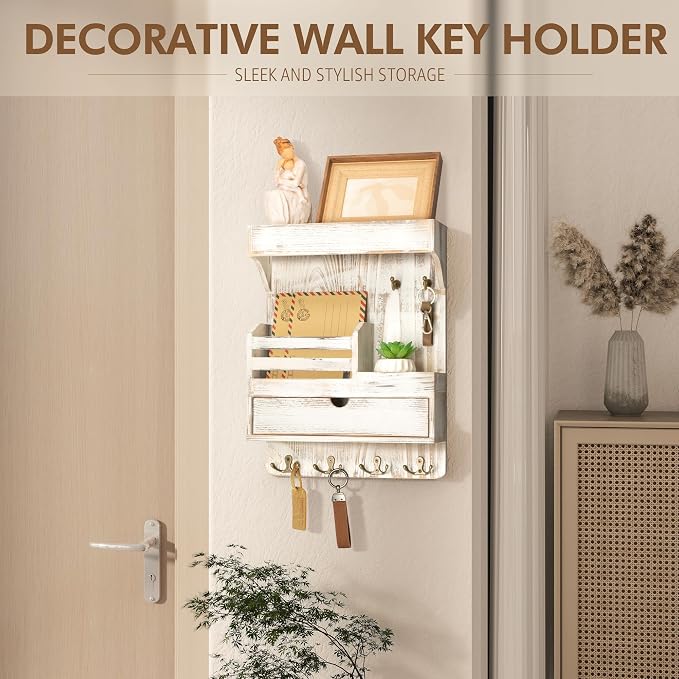 Rebee Vision Key Holder Wall Mount with Drawer for Home Decor, Whitewash | Pine Wood, Key Holder for Wall, 6 Rustic Hooks, Floating Shelf, Drawer Organizer, Mail Organizer, Chic Home Decor, Storage - Image 4
