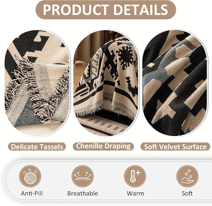 VClife Boho Couch Cover, Aztec Sofa Cover for Dog, Non Slip Washable Couch Covers for 3 Cushion Couch Sofa, Reversible Triangle Geometric Futon Cover Furniture Protector (Black-Beige, 71" x 134") - Image 5
