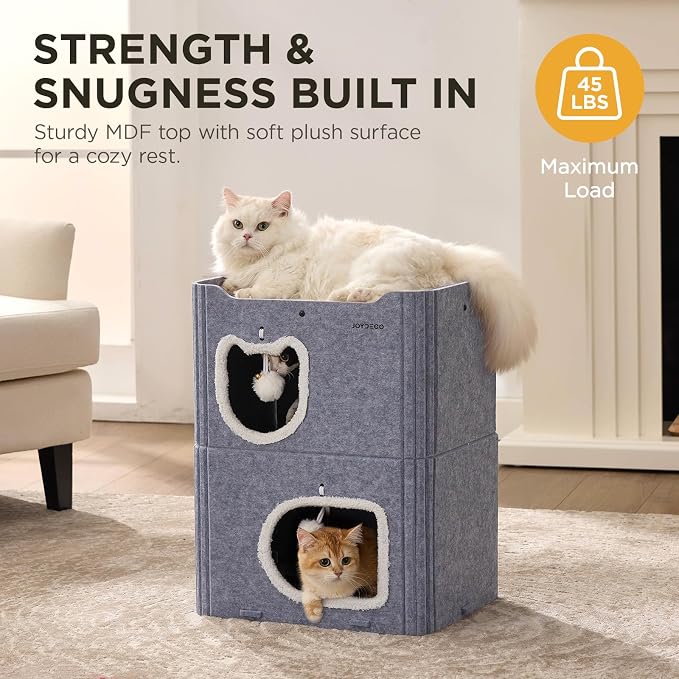 Joydeco Cat House for Indoor Cats, 2 Story Scratch Resistant Felt Cat Condo, Hideaway Pet Cave Bed with Fluffy Ball and Tunnel for Kitten, Small Dogs, Rabbits, 17.7 x 13.3 x 24, Grey - Image 4