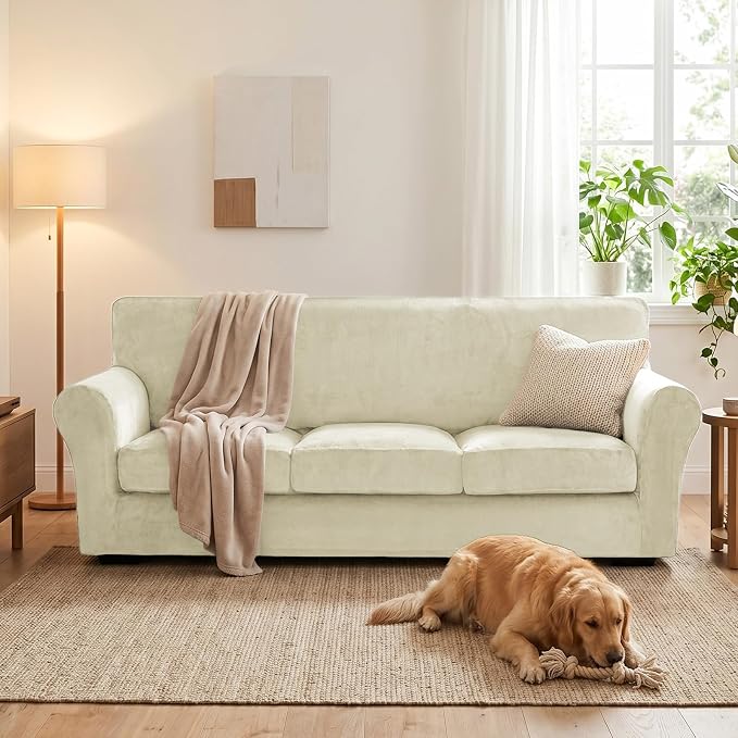 XINEAGE 4-Piece Velvet Sofa Cover,Couch Covers for Dog,Beige | 3 Cushion Sofa,Stretch Non-slip Elastic, Pet-friendly, Washable, Fast Setup, Soft Plush Fabric, Furniture Protector. - Image 4