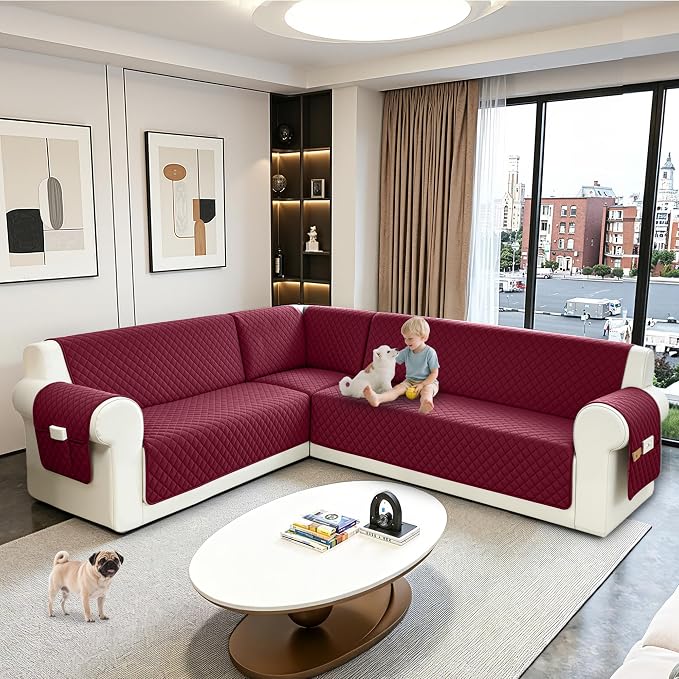 Sectional Couch Covers for Dogs 100% Waterproof Corner L Shaped Sofa Cover Pet Friendly Velvet Washable Anti Slip L Shape Modular Sofa Slipcover Protector with Pockets (Red, X-Large) - Image 6