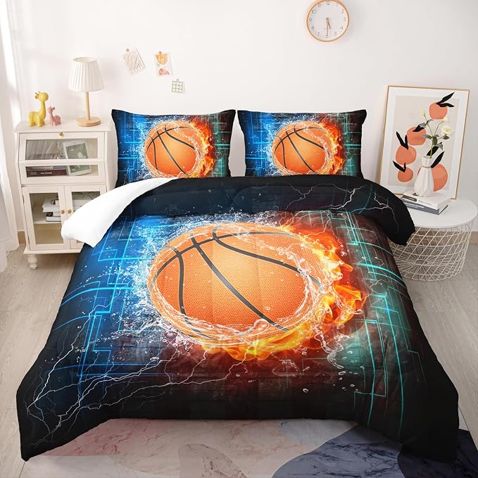Nttopship Basketball Comforter Sets King Size， Bedding Sets for Kids,Flame and Basketball Comforter Sets All Season 1 Comforter and 2 Pillowcases - Image 2