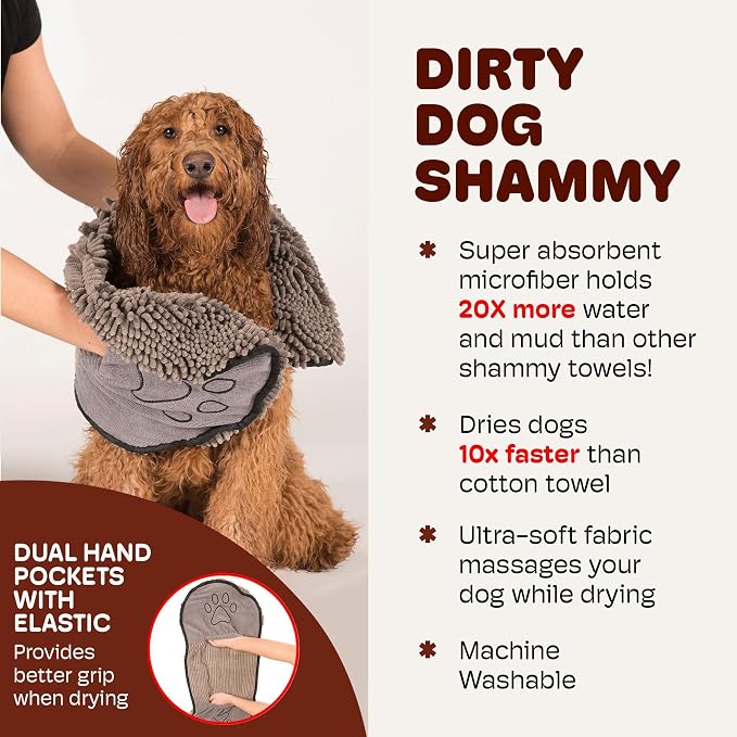 Dog Gone Smart The Dirty Dog Shammy - Antimicrobial Microfiber Dog Towel for Odor Control, Fast-Drying Plush, Dual Hand Pockets & Elastic, Super Absorbent, Machine Washable, 31 x 13 in, Grey - Image 3