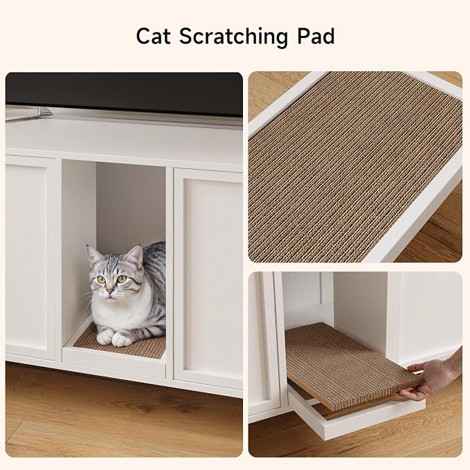 ONBRILL 59 Inches Cat Litter Box Enclosure for 2 Cats, Hidden Litter Boxes Furniture with Cat Scratch Pad, Large Indoor Pet House with Double Room, Wooden TV Stand Side Table, Off White - Image 7