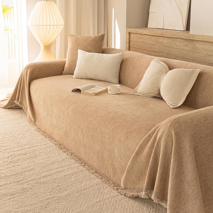 Brown Boho Couch Covers for Sofa Washable for 2 Cushion Couch,71''X118'' | Chenille Furniture Protector Sofa Couch Cover for Dogs, Soft Breathable Sofa Slipcover, Couch Throw Blankets with Tassels - Image 2