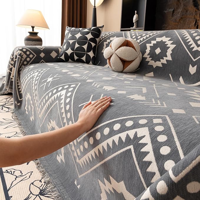 VClife Bohemian Aztec Couch Cover Sectional Sofa Slipcover Washable Chenille Couch Cover for 3 Cushion Couch Sofa - Gray White Tribal Geometric Pattern Furniture Protector with Tassel Edge 71" X 134" - Image 9