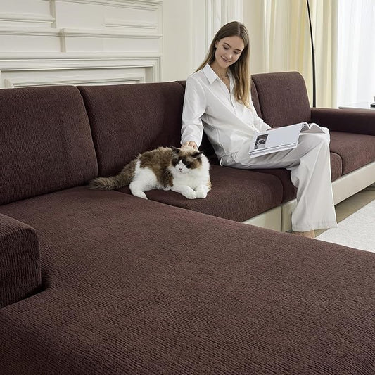 Couch Cushion Covers for Sectional Sofa Stretch Sofa Slipcovers Washable Wear-Resistant Sectional Couch Covers L Shaped Seats Furniture Protectors for Pets(Brown, 2 Seater + 1 Chaise) by Jialudora