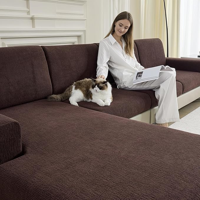 Couch Cushion Covers for Sectional Sofa Stretch Sofa Slipcovers Washable Wear-Resistant Sectional Couch Covers L Shaped Seats Furniture Protectors for Pets(Brown, 3 Seater+1 Chaise) by Jialudora