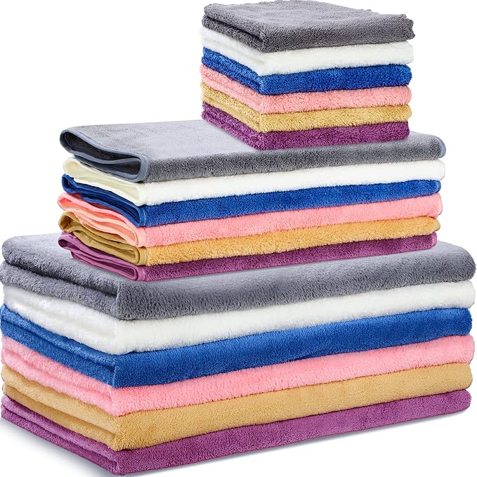 Moukeren 18 Pcs Microfiber Bath Towel Set 6 Bath Towels 6 Hand Towels 6 Washcloths Soft Coral Velvet Highly Absorbent Bathroom Towel for Fitness Sports Yoga Travel(Cute Colors) by Moukeren