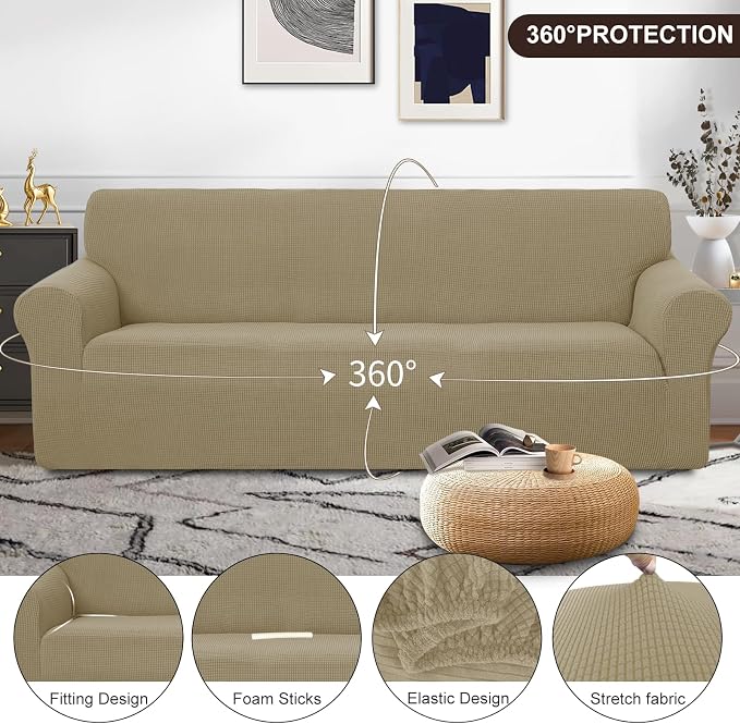 U-NICE HOME Oversized Stretch Couch Cover Slipcover, Sand | 3 Cushion Sofa, 1-Piece Sofa cover, Washable, Pet friendly, Furniture protector, Polyester Spandex Jacquard fabric - Image 3
