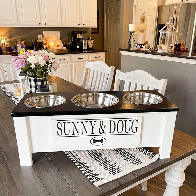 3 Bowl Dog Feeding Station, Personalized Triple Bowl Food Stand Medium Dogs | Farmhouse Style, Elevated Wood Stand, Storage Container, Stainless Steel Bowls, Raised Anti-Slip Feeder, Made in USA - Image 3