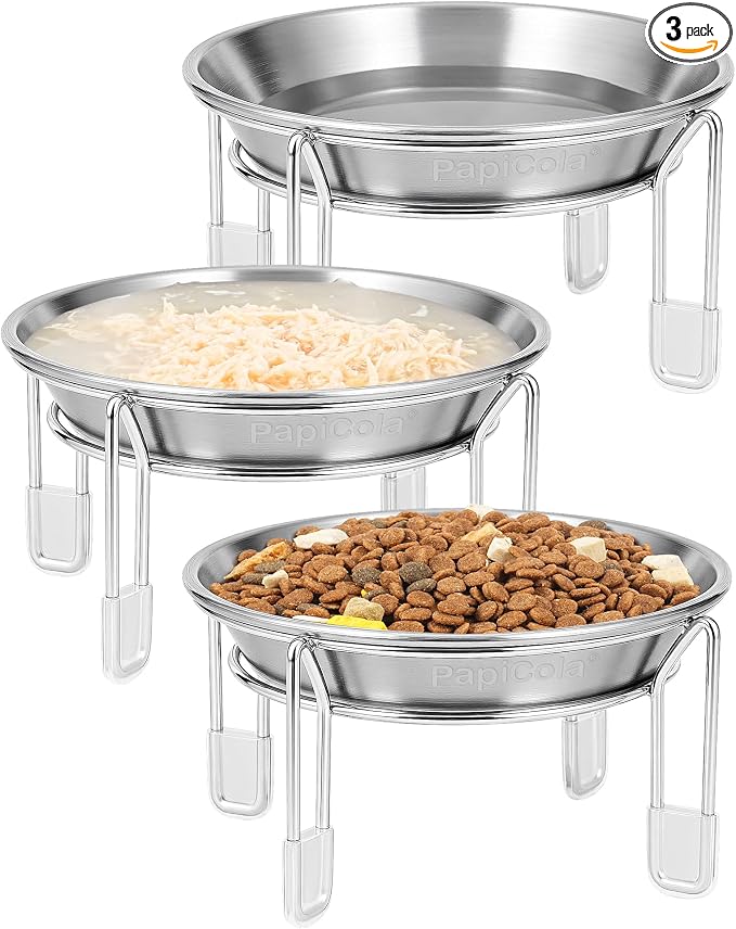 Elevated cat Bowl 3PC, 6.3" Wide Raised Cat Bowl | Stainless Steel Cat Food and Water Dishes, Small Dog Bowl, Whisker Friendly, Anti-Vomiting, Neck Stress-Free Bowl Stands by PapiCola
