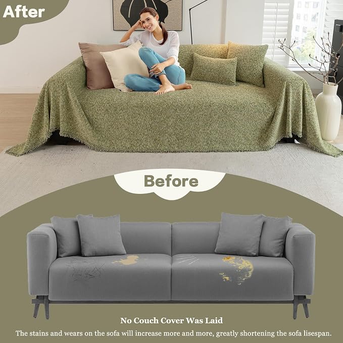 Chenille Couch Cover Blanket Vintage Minimalist Sofa Cover 71"x150" | Speckled Heathered Yarn Woven, Thick Soft Washable Furniture Protector, Fit 3 Cushion Couch & Sectional, Sage Green - Image 2