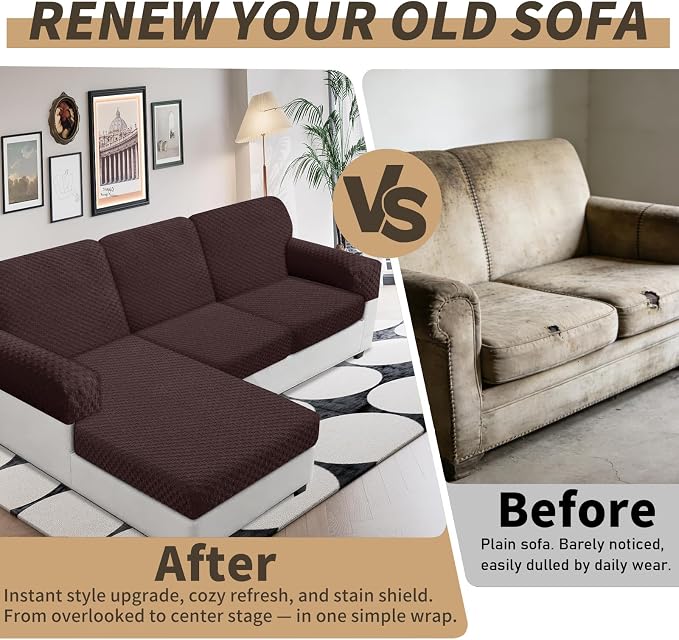YEMYHOM Couch Cushion Covers for Sofa, Stretch Sectional Couch Seat Cushion Covers Washable Thick Furniture Protector Sofa Slipcovers for Pets (2 Seater + 1 Chaise, Dark Coffee) - Image 4