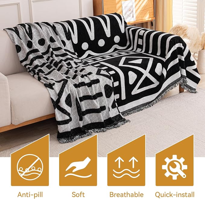 Deep Dream Boho Couch Cover, Non Slip Soft Chenille Couch Covers for 2-3 Cushion Couch, Thick Sofa Slipcover Sofa Cover Washable Couch Protectors for Dogs (Black, 71"x150") - Image 6
