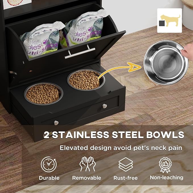 PawHut Dog Feeding Station with Raised Bowls, Pet Feeder Station, Black | Dog Food Storage Cabinet, Hanger for Feeding & Watering Supplies - Image 3