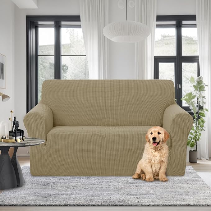 U-NICE HOME Loveseat Cover Stretch Couch Cover Sofa Slipcover, Sand | 2 Cushion Sofa, 1-Piece Sofa cover, Washable, Pet friendly, Furniture protector, Polyester Spandex Jacquard fabric - Image 2