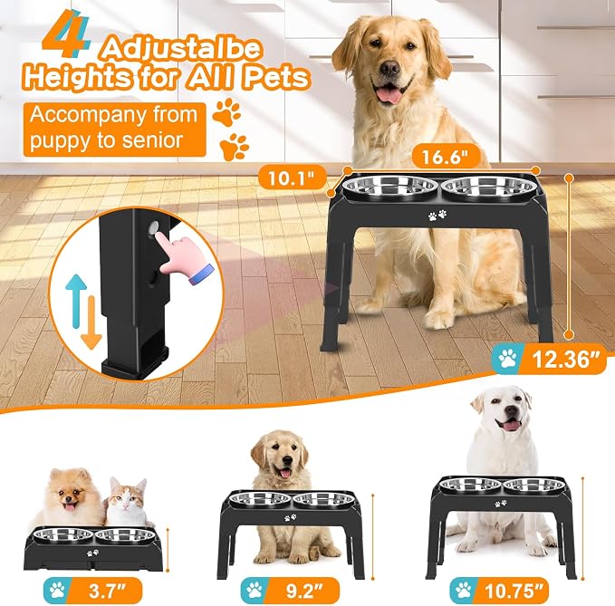 COMESOON Elevated Dog Bowls, 4 Height Adjustable Raised Bowl Stand with 2 Thick 50oz Stainless Steel Food Bowls Non-Slip Feeder Adjusts to 3.7'', 9.2'', 10.75'', 12.36'' Black, (DB-W01) - Image 2