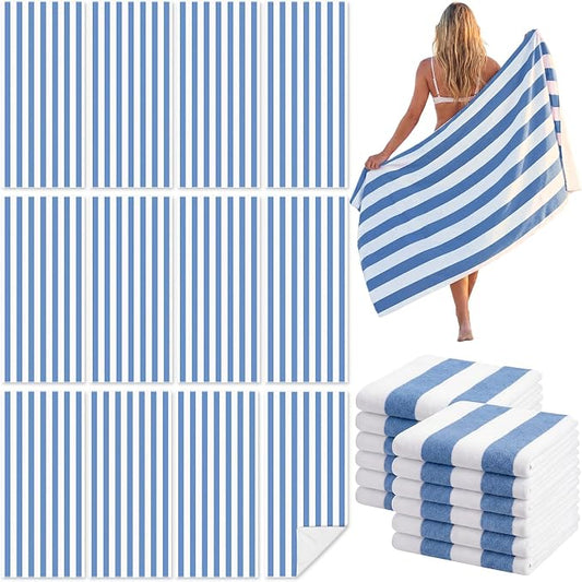 Frienda 12 Pack Blue Striped Beach Towels 71''x 32'' Large Microfiber Quick Dry Absorbent Bath Towels for Swimming Pool Beach Cruise Travel Gym Supplies by Frienda