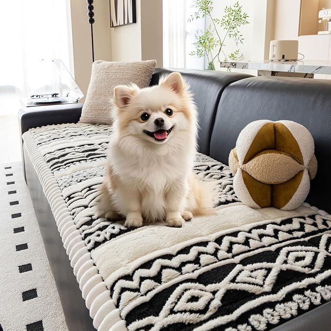 VClife Boho Couch Cover, Soft Fuzzy Couch Covers for Dog, Non-Slip Furniture Protector, Washable Durable Sofa Covers for Couch/Bench, Tribal White Black Geometric Slipcover, 27.6" x 82.7" - Image 3