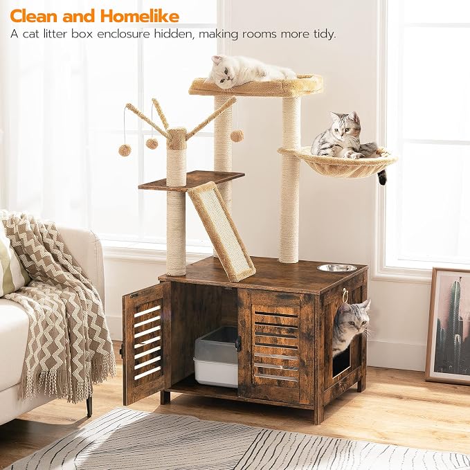 HOOBRO Cat Tree with Litter Box Enclosure, 44" Tall Wooden Cat Tower with Scratching Posts, Cat Hammock, Hidden Litter Box Furniture, All-in-One Indoor Cat Condo, Rustic Brown FG48MZ03 - Image 2