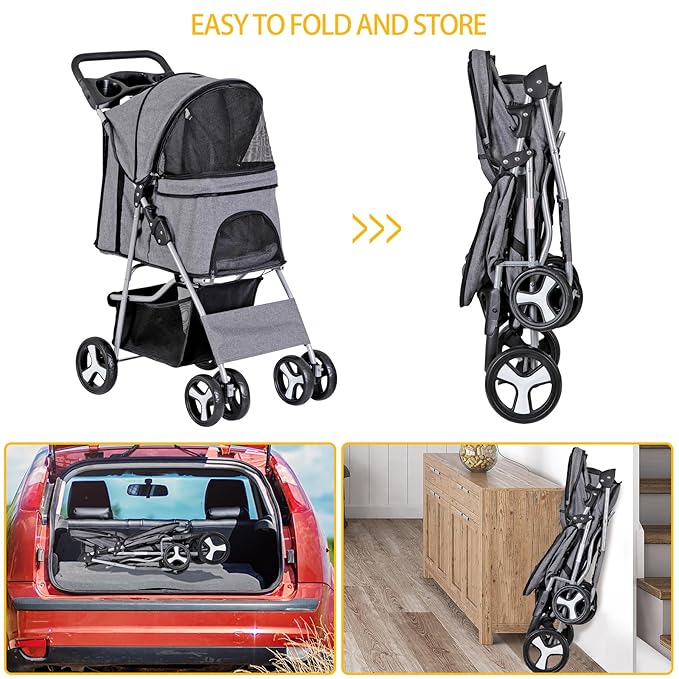 Pet Stroller 4 Wheels Dog Cat Stroller for Small Medium Dog Cats Carrier Jogger Travel Foldable Puppy with Storage Basket and Cup Holder (Grey)