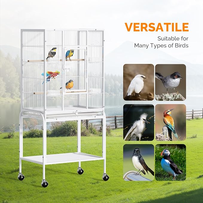 VINGLI 53-inch Bird Cage with Wheels, Durable Wrought Iron Parakeet Cage with Slide Out Tray, Black Bird Cages for Parakeets/Lovebird/Cockatiels/Budgies and Other Small/Medium Birds (White, 53 inch) - Image 7