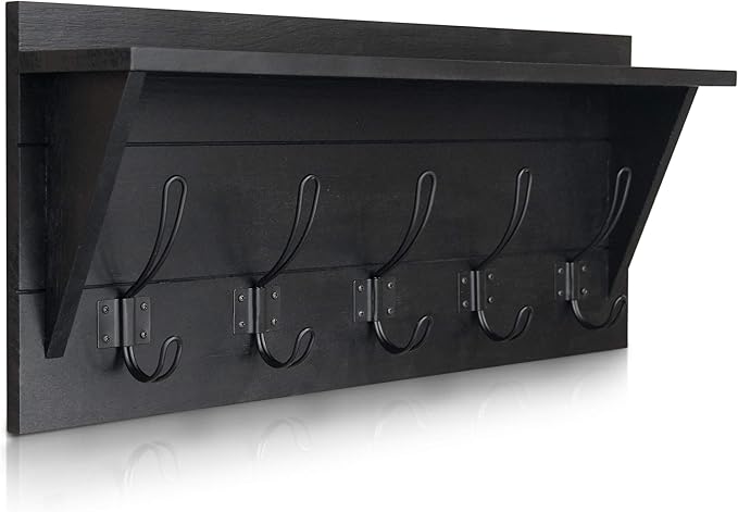 Wall Mounted Coat Rack Shelf, Rustic Wooden Country Style 24" Entryway Shelf with 5 Rustic Hooks featuring Solid Pine Wood. Perfect touch for your Entryway, Mudroom, Kitchen, Bathroom and More, Black by HBCYCreations