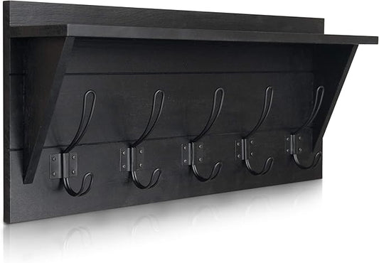 Wall Mounted Coat Rack Shelf, Rustic Wooden Country Style 24" Entryway Shelf with 5 Rustic Hooks featuring Solid Pine Wood. Perfect touch for your Entryway, Mudroom, Kitchen, Bathroom and More, Black by HBCYCreations