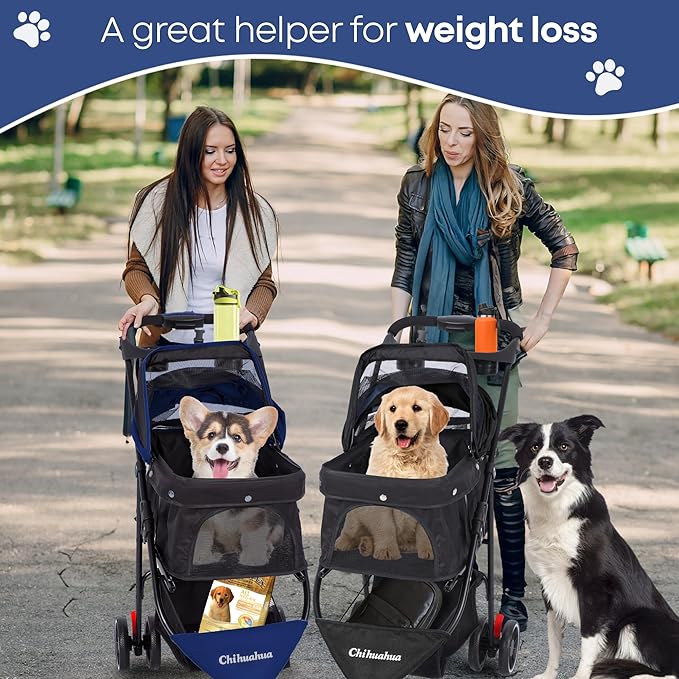 Pet Stroller,Dog Stroller for Small Medium Dogs Cats,3 Wheels,Foldable,with Breathable Mesh Canopy,Cup Holders,Easy Assembly,Navy Blue
