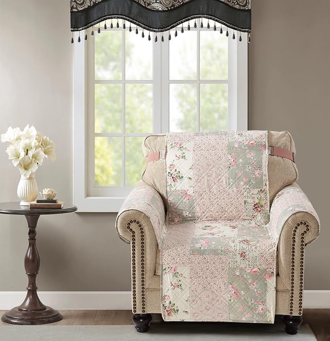 Brilliant Sunshine Rose and Sage Couch Armchair Cover, 23" seat | Traditional Patchwork Design, Non Slip Sofa Cover, Quilted Furniture Protector, Washable Chair Slipcover for Pets, Dogs - Image 2