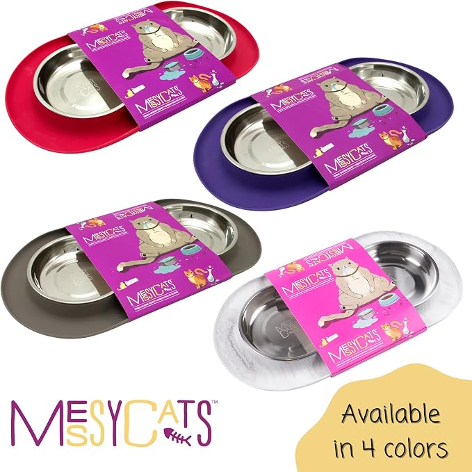 Messy Cats Double Silicone Feeder, Stainless Bowls, 1.75 Cup, Grey | Non-Slip Silicone Double Cat Feeder With Two Removable Stainless Steel Saucer Bowls For Food And Water - Image 6