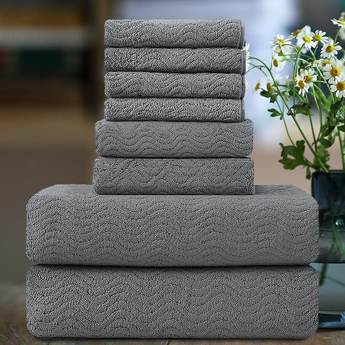 Smuge Ultra Soft 8 Piece Textured Bath Towel Set for Bathroom Shower Pool, Kitchen, Quick Dry, Lightweight Highly Absorbent - 2 Oversized Bath Towel Sheets, 2 Hand Towels, 4 Washcloths - Dark Gray by Smuge