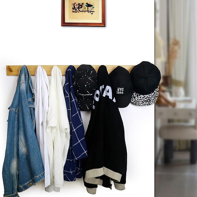 WEBI Coat Rack Wall Mounted, 10 Hooks, 38" Long Coat Hanger Wall Mount, Peg Rail Hat Hooks for Hanging Caps, Jackets, Clothes, Natural, 2 Packs - Image 6